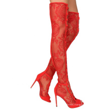 High Heel Boots Thigh Heels Peep Toe Socks Red Over The Knee Boots Ladies Stiletto Heels Thigh Boots Women and Ladies Shoes